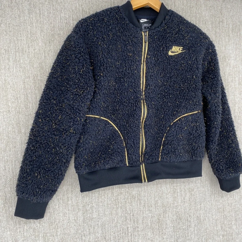 Nike Sportswear Sherpa Fleece Bomber Jacket XL Black Gold Sparkle Full Zip